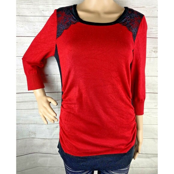 IZ Byer Sweater Bright Red Black Lace Ruched 3/4 Sleeve Thin Knit - Picture 1 of 12